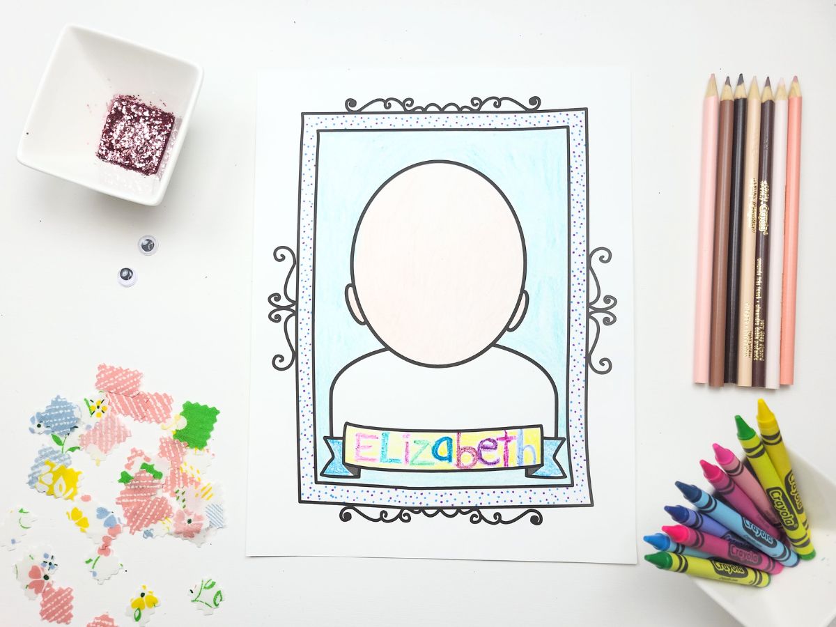 Kids Portrait Collage Craft page surrounded by crafting materials - red yarn glitter, fabric scraps, pencils and crayons with the name 'Elizabeth' written in rainbow colours at the bottom.