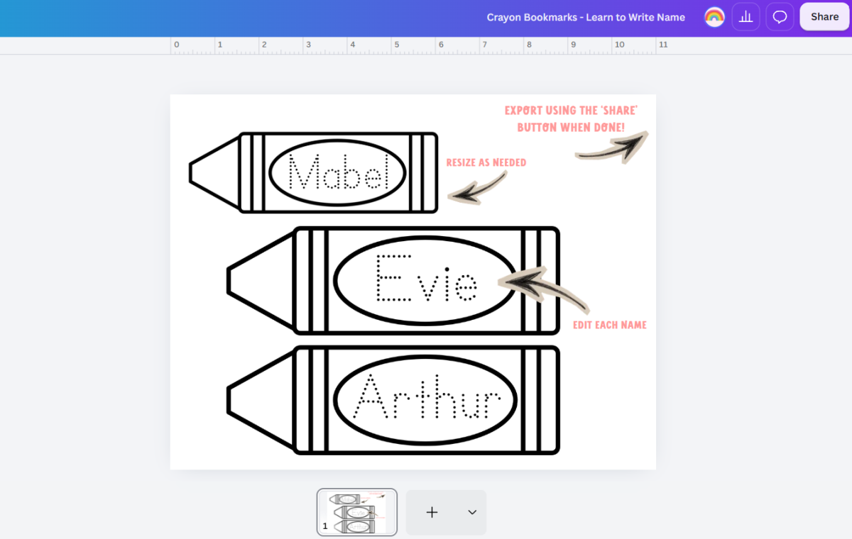 Shows the screen in Canva and how to edit your bookmark within the program. 