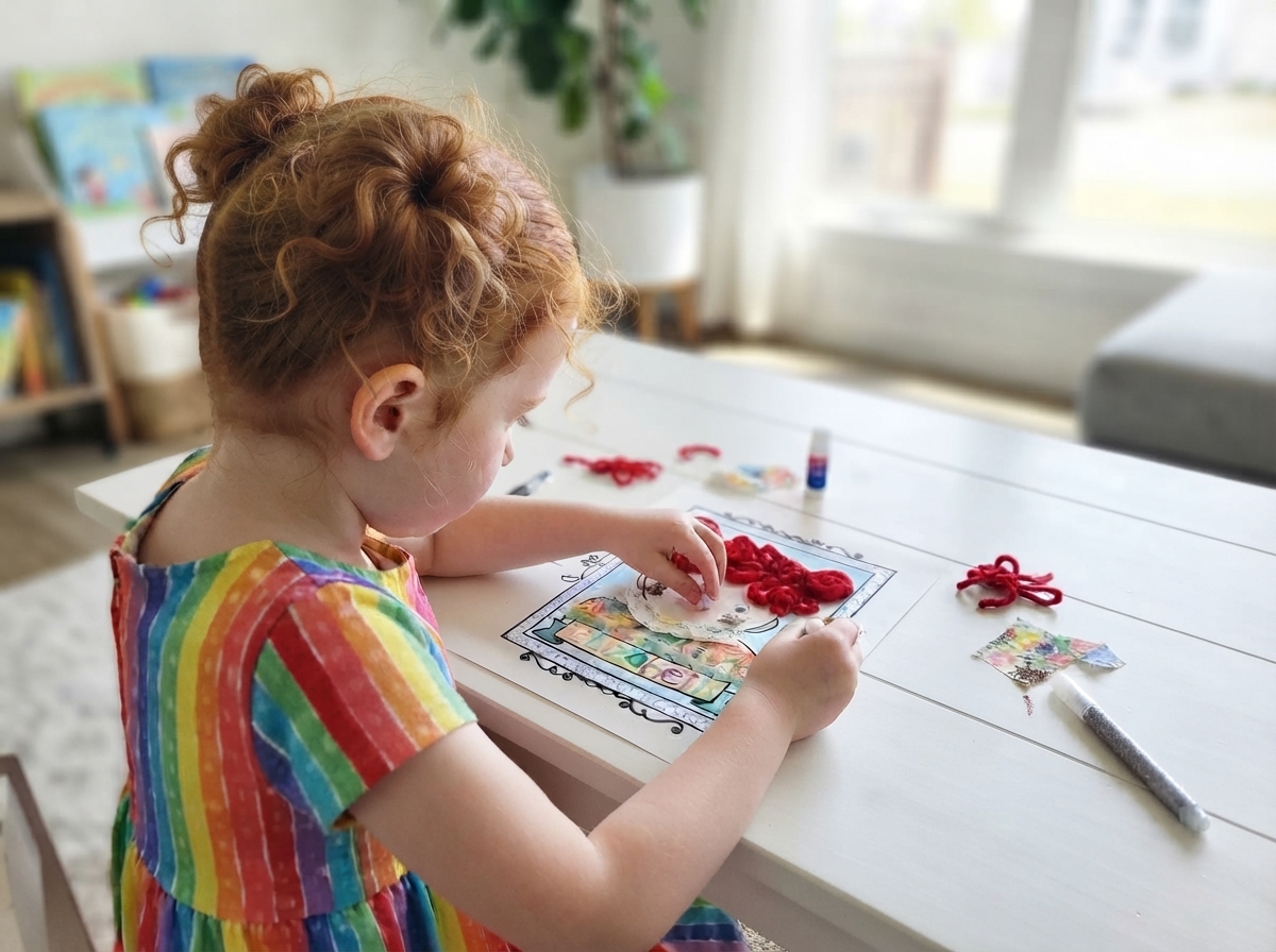 A little girl crafting her Collage Portrait