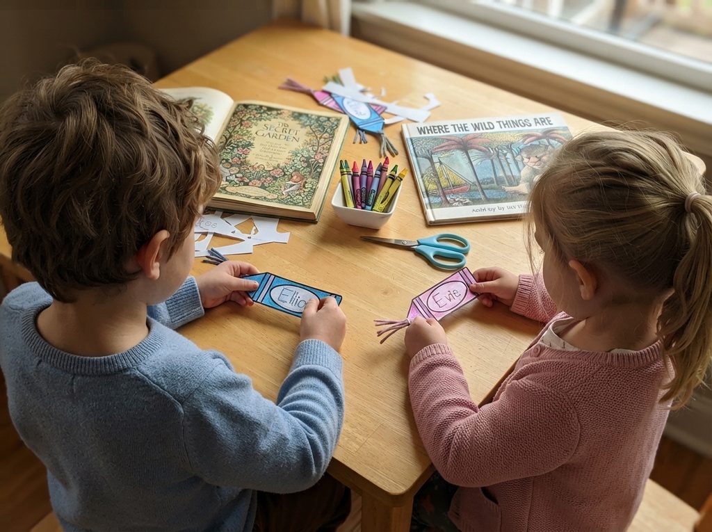Two kids sit holding bookmarkswith their names on them. On the table in front of them there are crayons, scissors and books. 